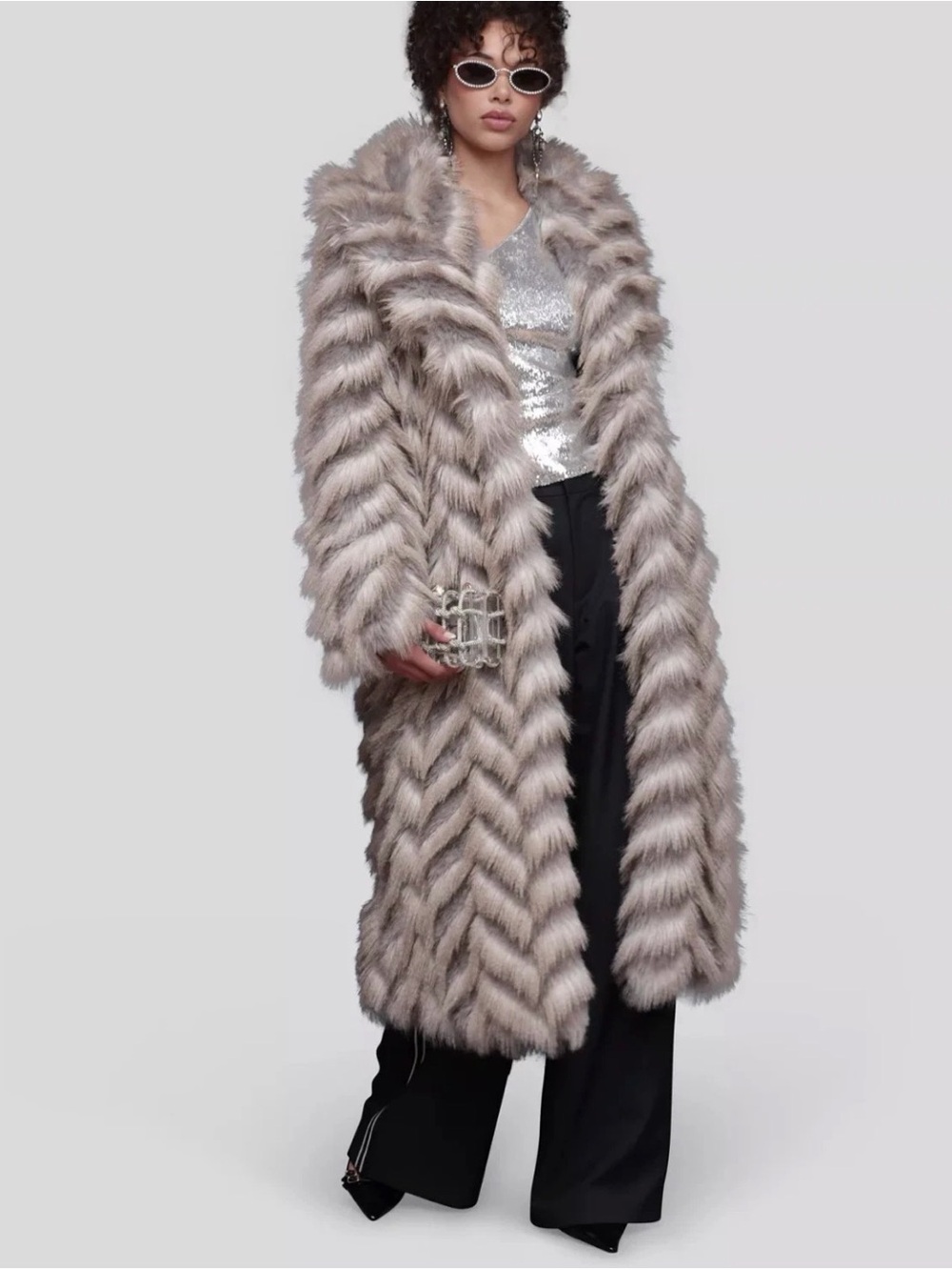 $238  Avec Les Filles Womens Chevron Hook and Eye Faux Fur Coat Bobcat XL
